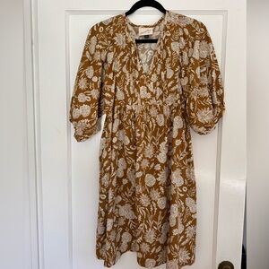 Floral Print Brown Dress with Puff Sleeves